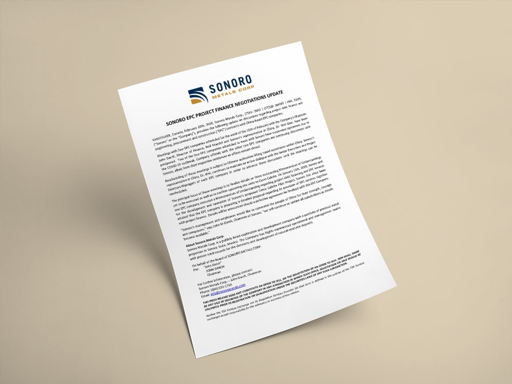 A photo of a Sonoro Gold Corp news release.