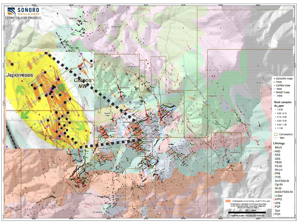 A map depicting confirmed gold mineralization in Los Japonese.
